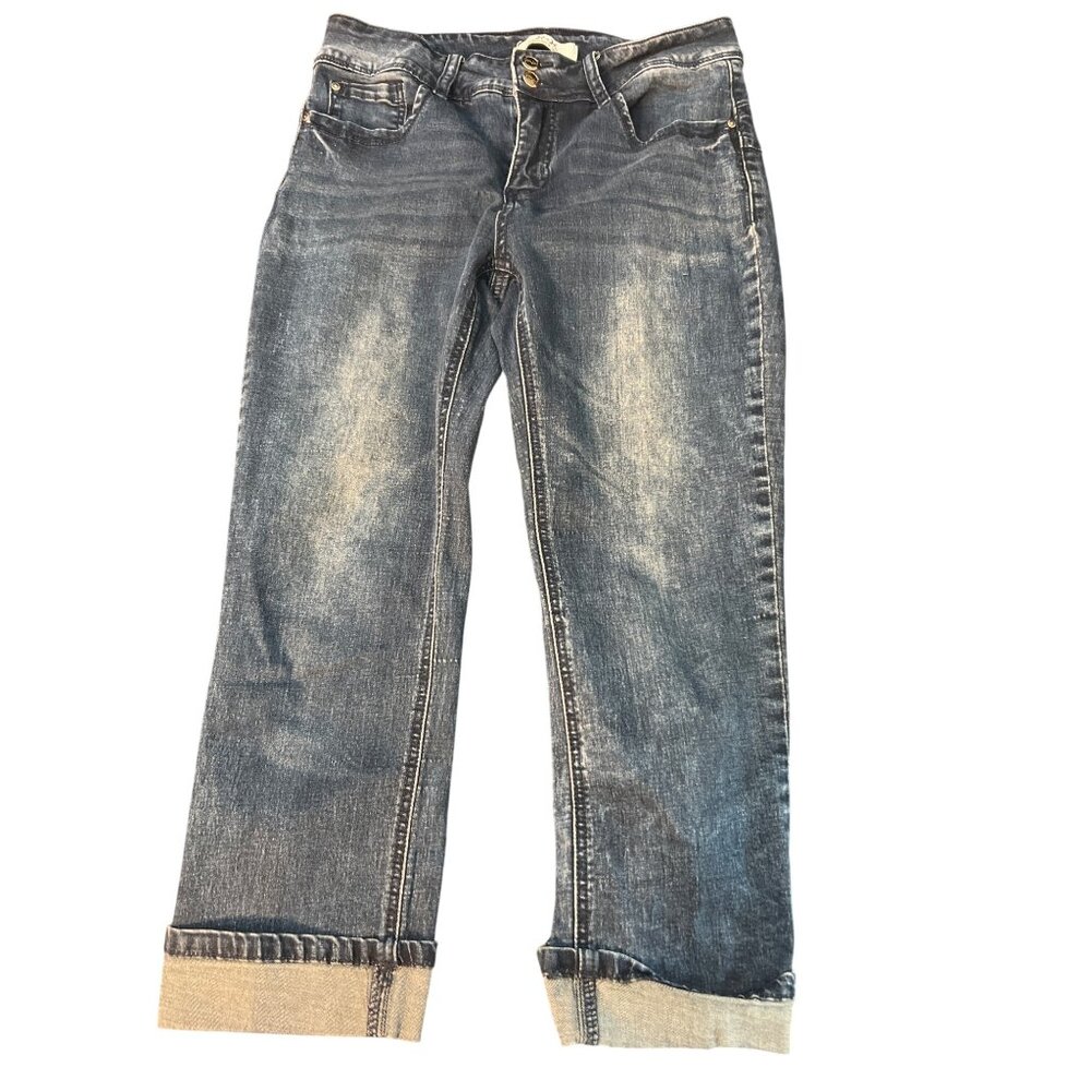 H & H Harmony Havoc Blue Denim Stretch Capri Jeans Ankle Cuffed Size 8